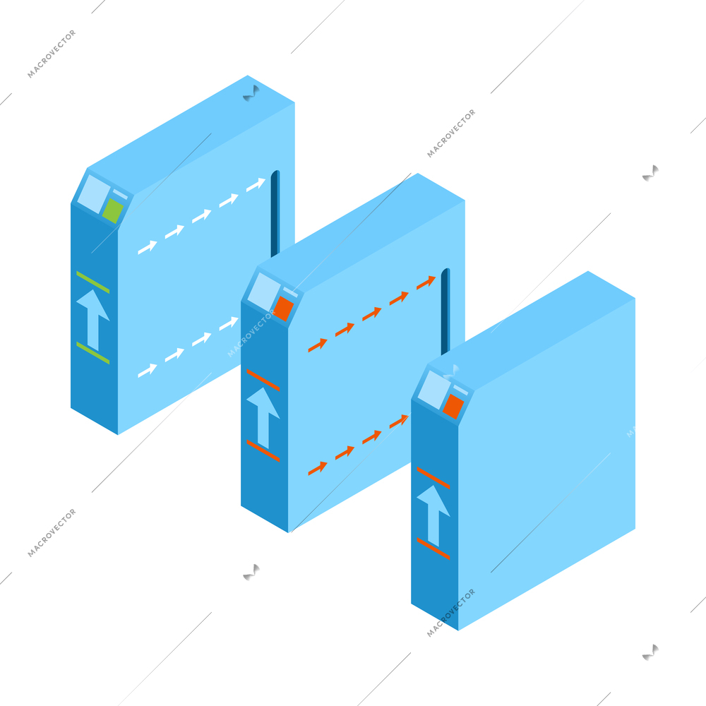 Metro isometric composition with isolated image of turnstiles with arrows and holes for ticket validation vector illustration