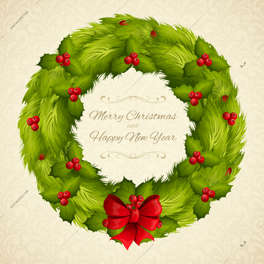 Merry christmas and happy new year greeting postcard with green wreath decoration vector illustration