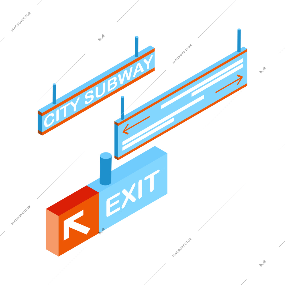 Metro isometric composition with isolated image of hanging navigation signboards vector illustration