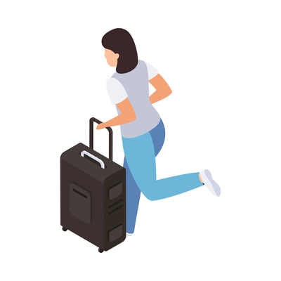 Traveling people isometric composition with isolated human character running with suitcase vector illustration