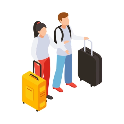 Traveling people isometric composition with characters of tourist man and woman carrying bags vector illustration