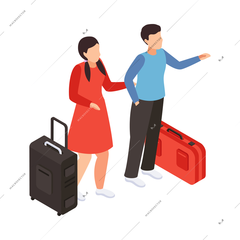 Traveling people isometric composition with characters of tourist man and woman carrying bags vector illustration