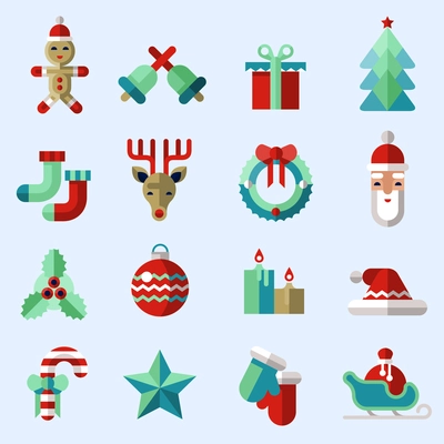 Christmas new year icons set with ginger man bells gift box pine tree isolated vector illustration