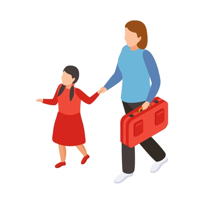 Traveling people isometric composition with characters of tourist mother and daughter holding hands vector illustration