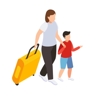 Traveling people isometric composition with characters of tourist mother and son carrying suitcase vector illustration