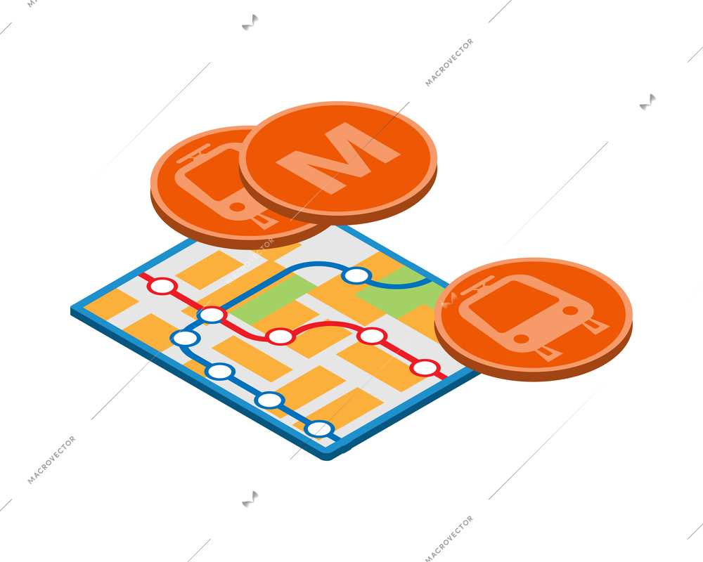 Metro isometric composition with isolated image of pocket metro map with chip tokens vector illustration