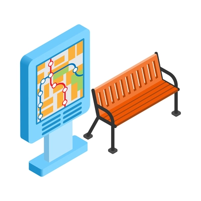 Metro isometric composition with isolated images of lightbox with subway map and waiting bench vector illustration