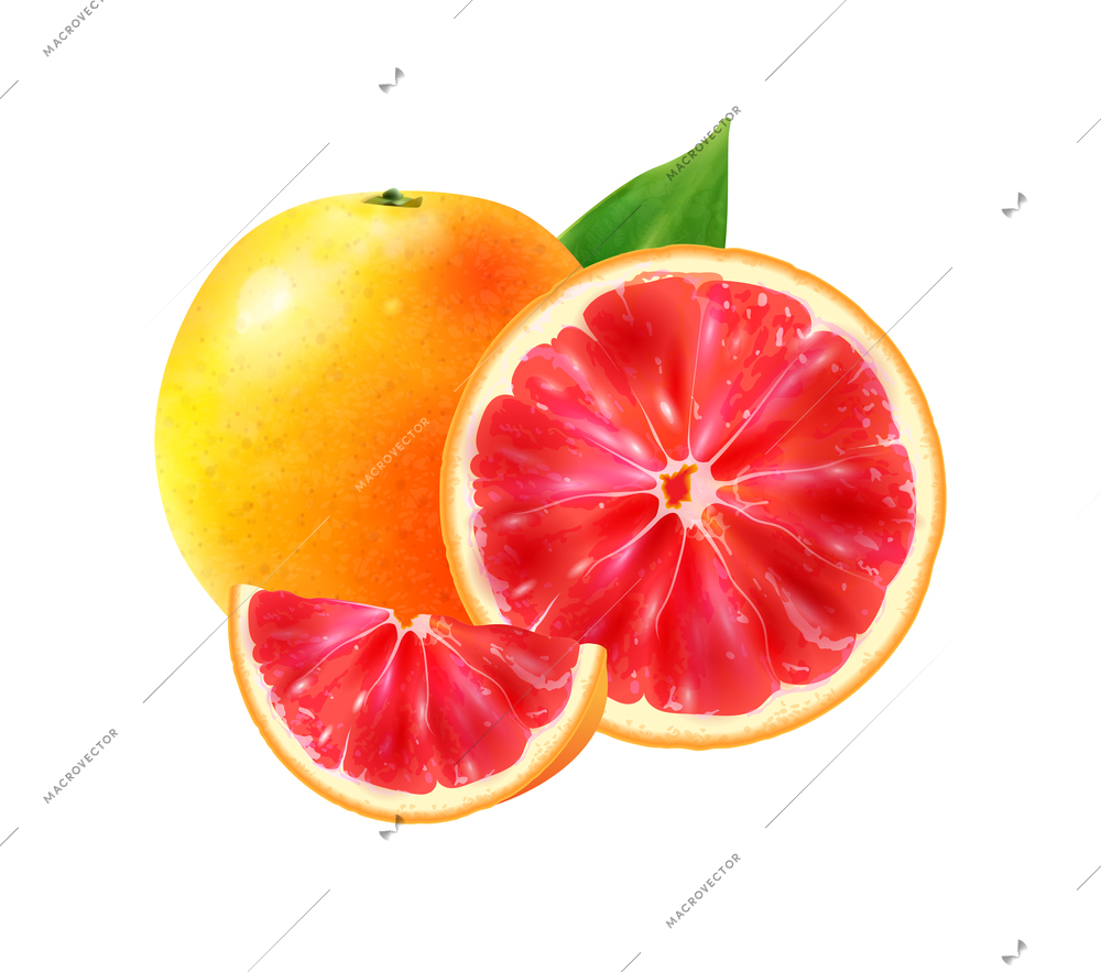Realistic fruits composition with images of whole and sliced grapefruit on blank background vector illustration