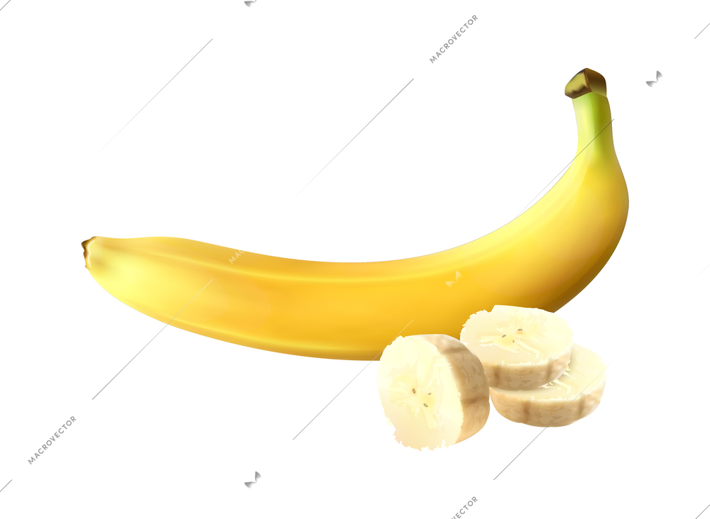 Realistic fruits composition with images of whole and sliced banana fruit on blank background vector illustration