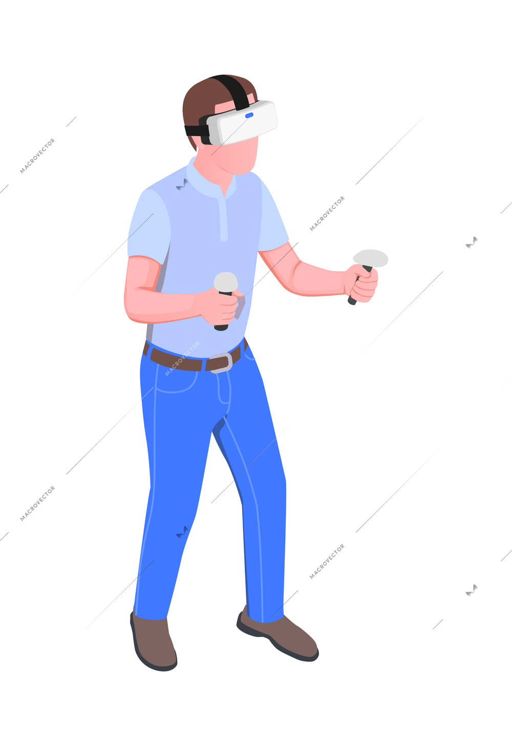 Virtual augmented reality isometric composition with male character in vr helmet with pair of joysticks vector illustration