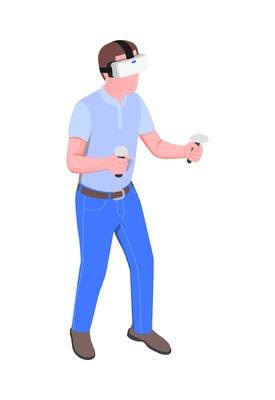 Virtual augmented reality isometric composition with male character in vr helmet with pair of joysticks vector illustration