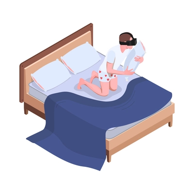 Virtual augmented reality isometric composition with male character in bed wearing vr helmet kissing pillow vector illustration