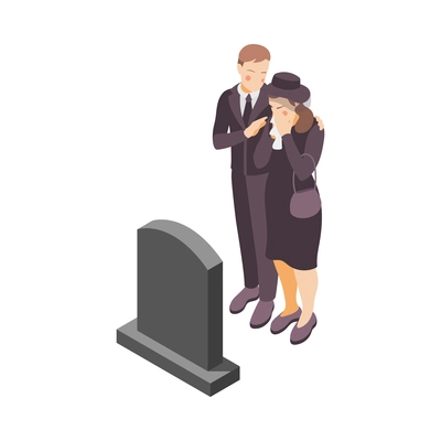 Depression stress isometric icons composition with isolated human characters at grave on blank background vector illustration