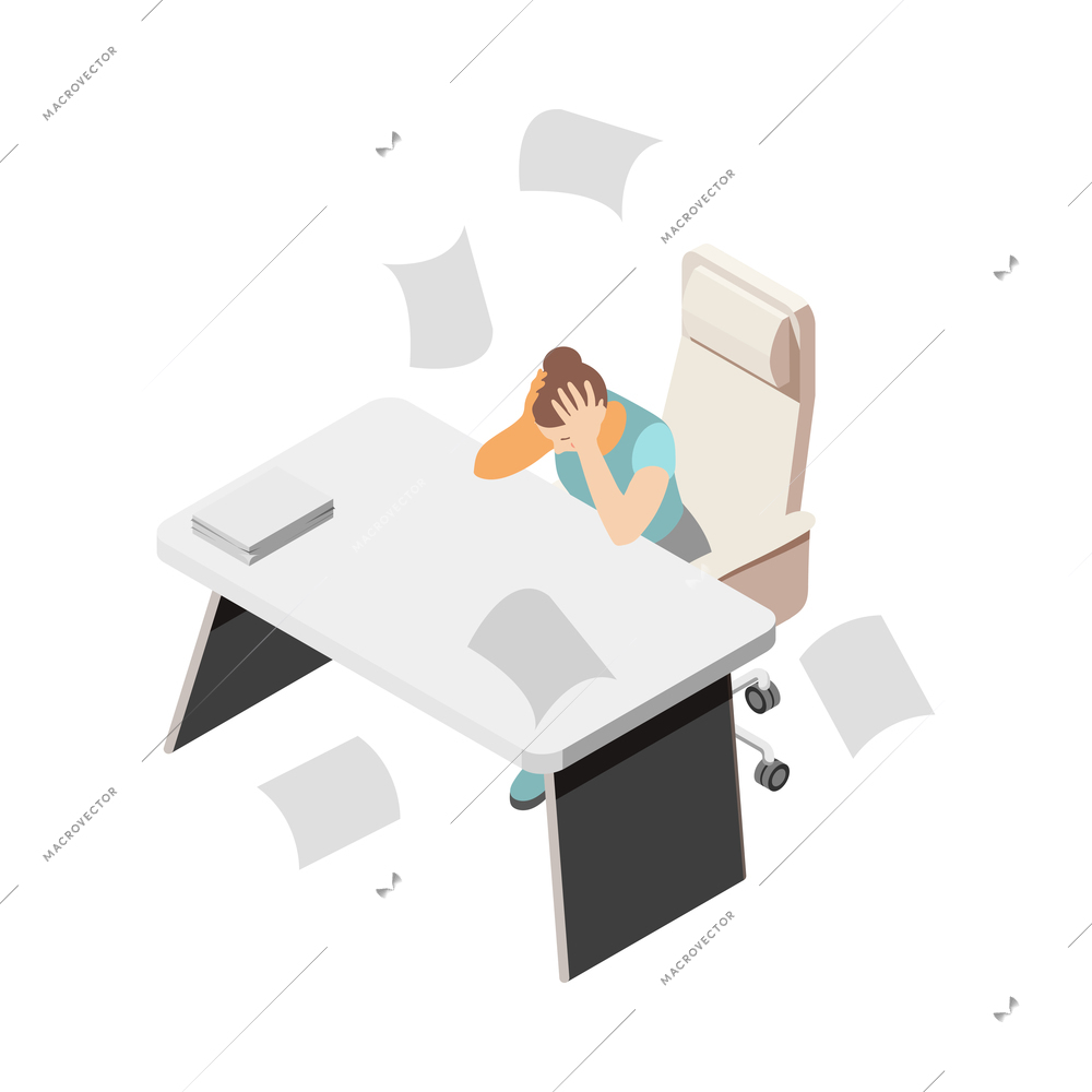 Depression stress isometric icons composition with isolated female character tired of paperwork vector illustration