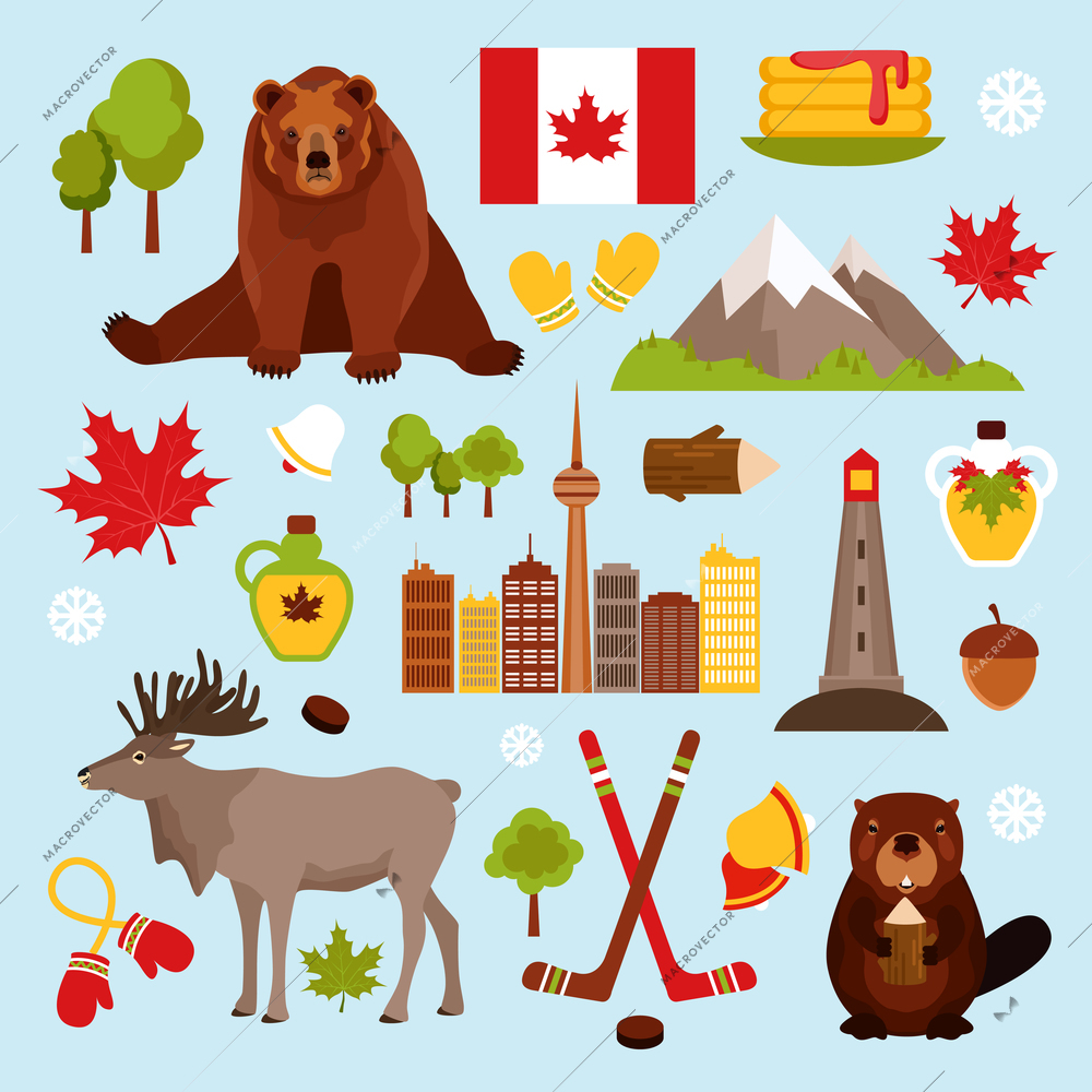 Canada colored decorative icons set with hockey maple syrup beaver isolated vector illustration