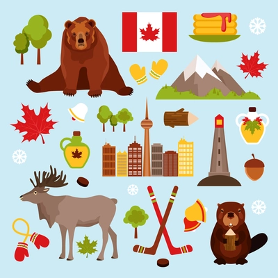 Canada colored decorative icons set with hockey maple syrup beaver isolated vector illustration