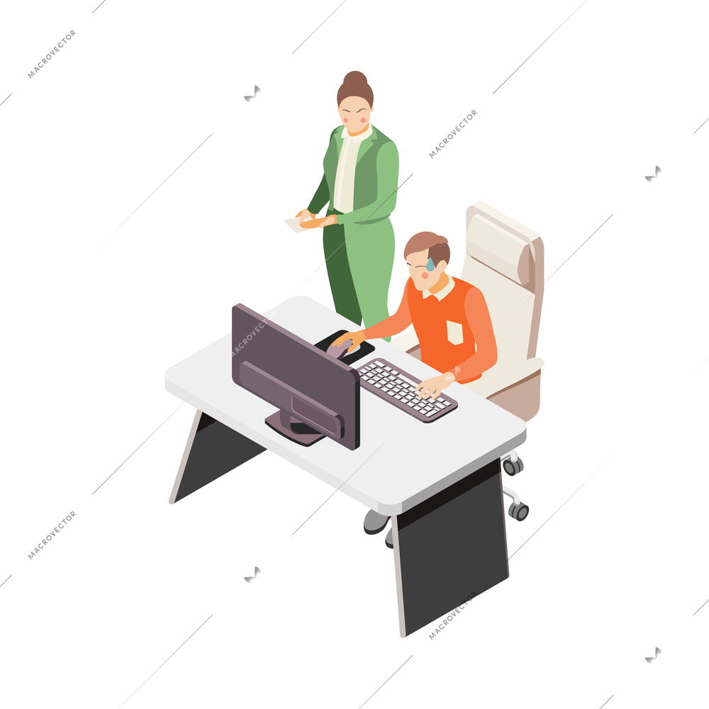 Depression stress isometric icons composition with isolated human characters of boss and employee vector illustration
