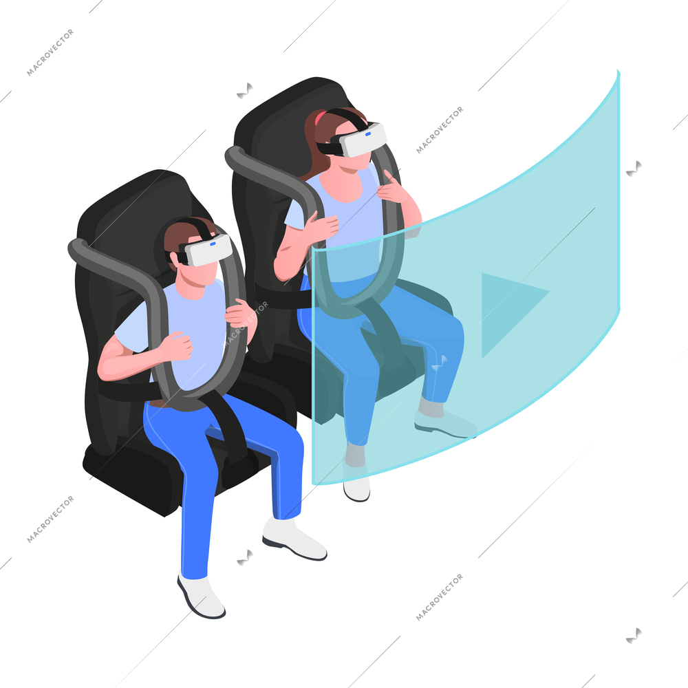 Virtual augmented reality isometric composition with man and woman on amusement ride in vr helmets vector illustration