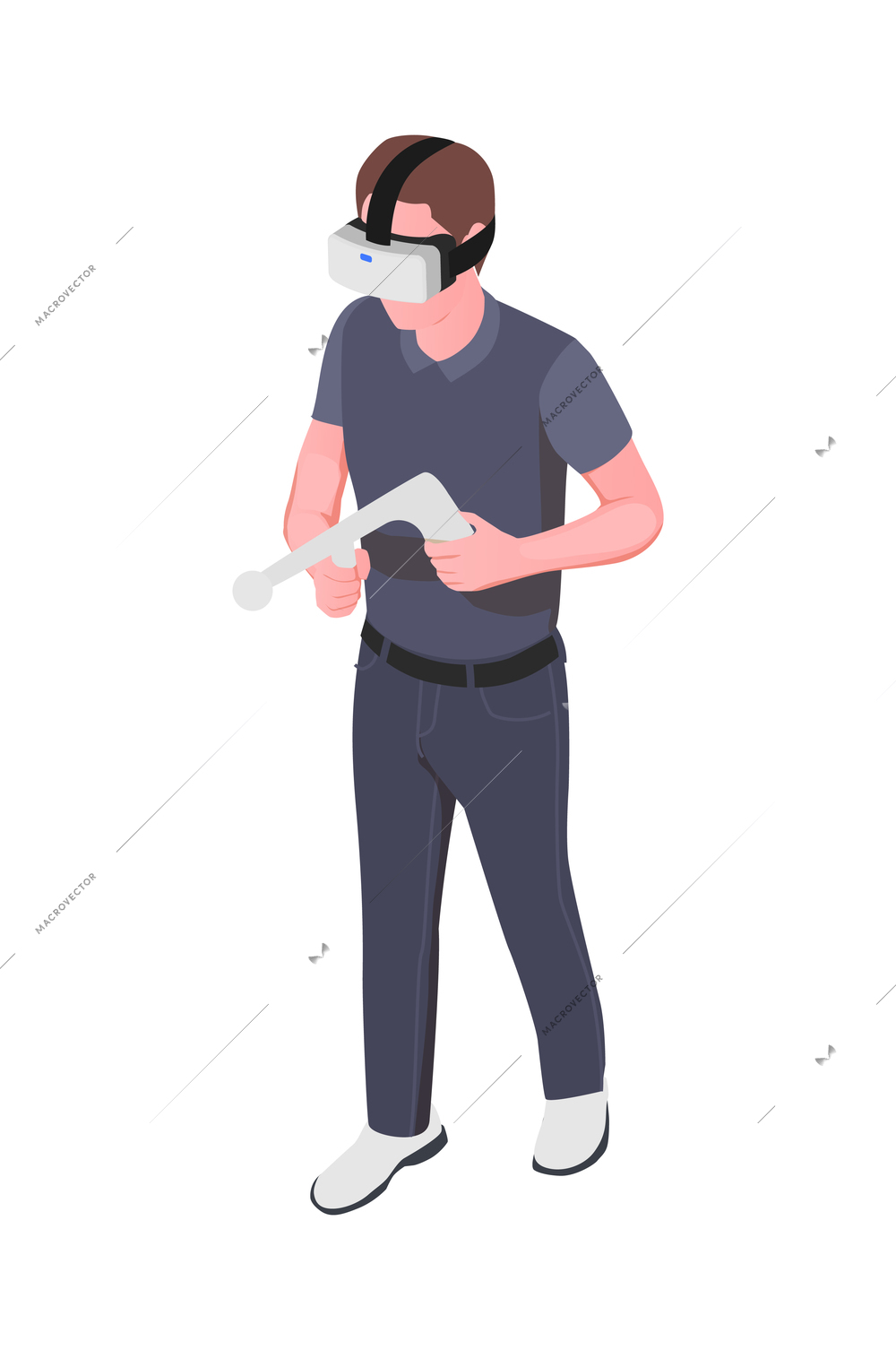 Virtual augmented reality isometric composition with male character in vr helmet holding toy gun vector illustration