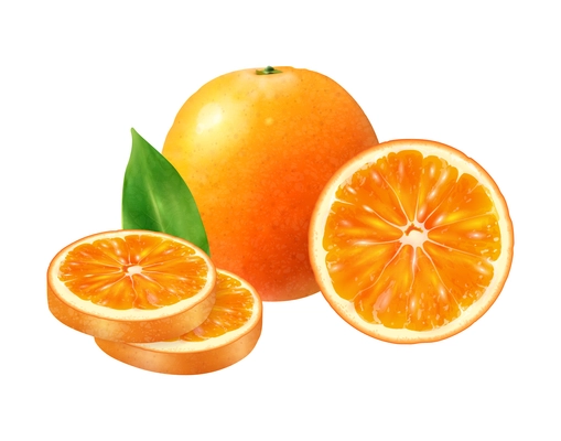 Realistic fruits composition with images of whole and sliced orange fruit on blank background vector illustration