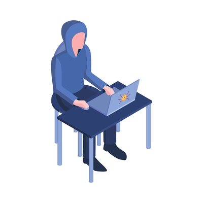 Isometric hacker safety system composition with character of hacker sitting at table with bug on laptop vector illustration