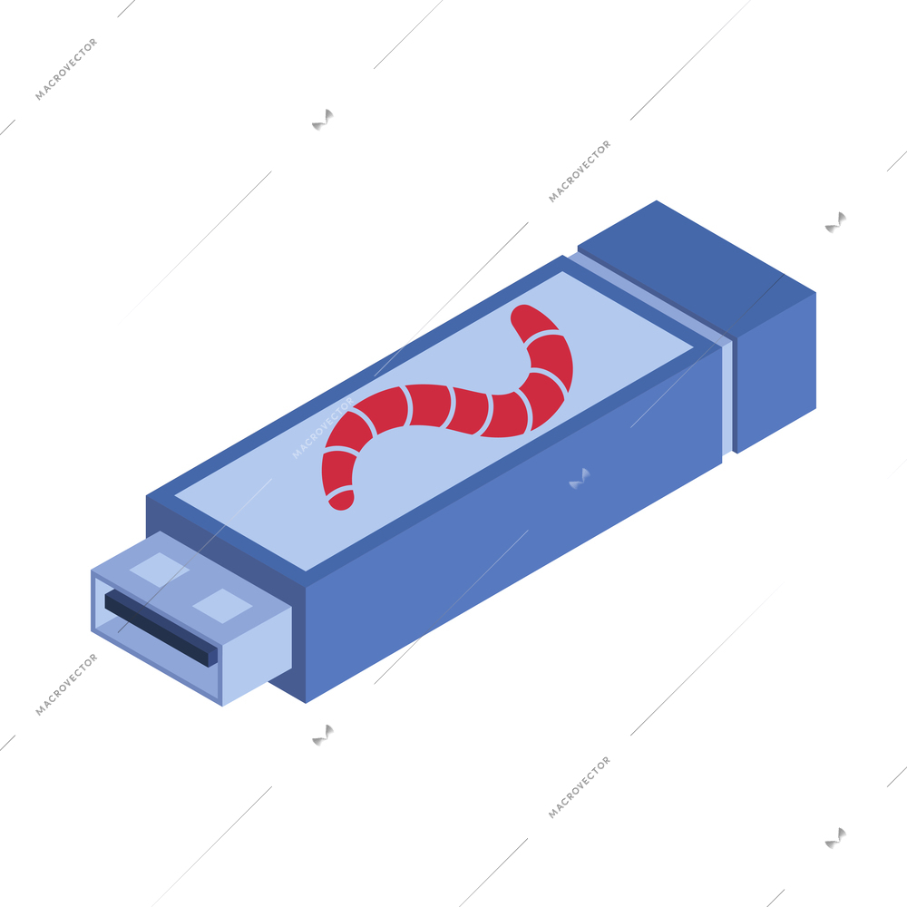 Isometric hacker safety system composition with isolated image of flash drive with drawn worm vector illustration