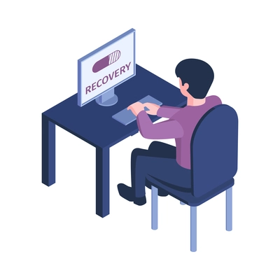 Isometric hacker safety system composition with character of user sitting at computer table recovering system vector illustration