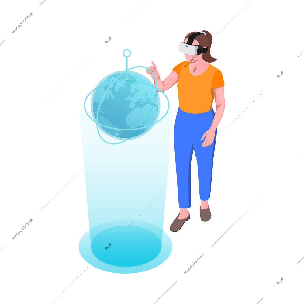 Virtual augmented reality isometric composition with girl in vr helmet touching holographic earth globe vector illustration