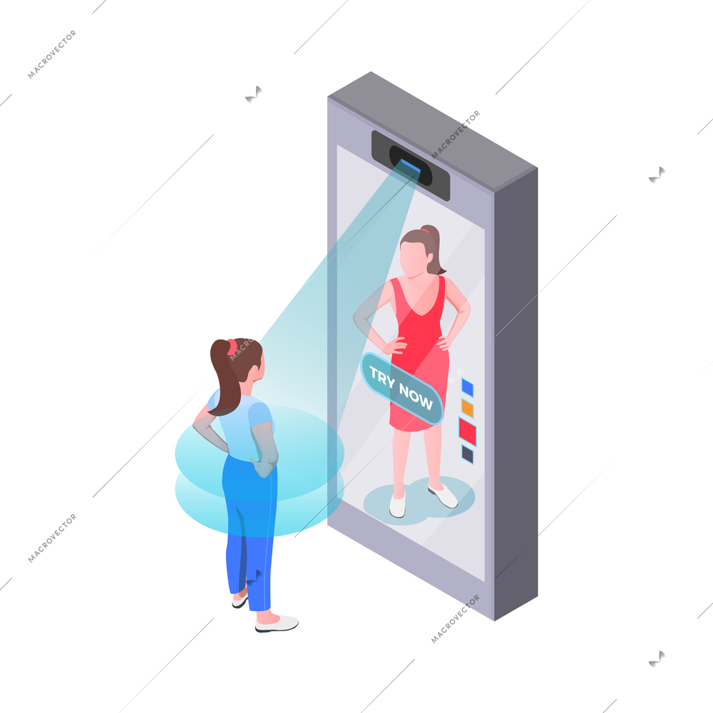 Virtual augmented reality isometric composition with girl fitting dress in virtual reality vector illustration
