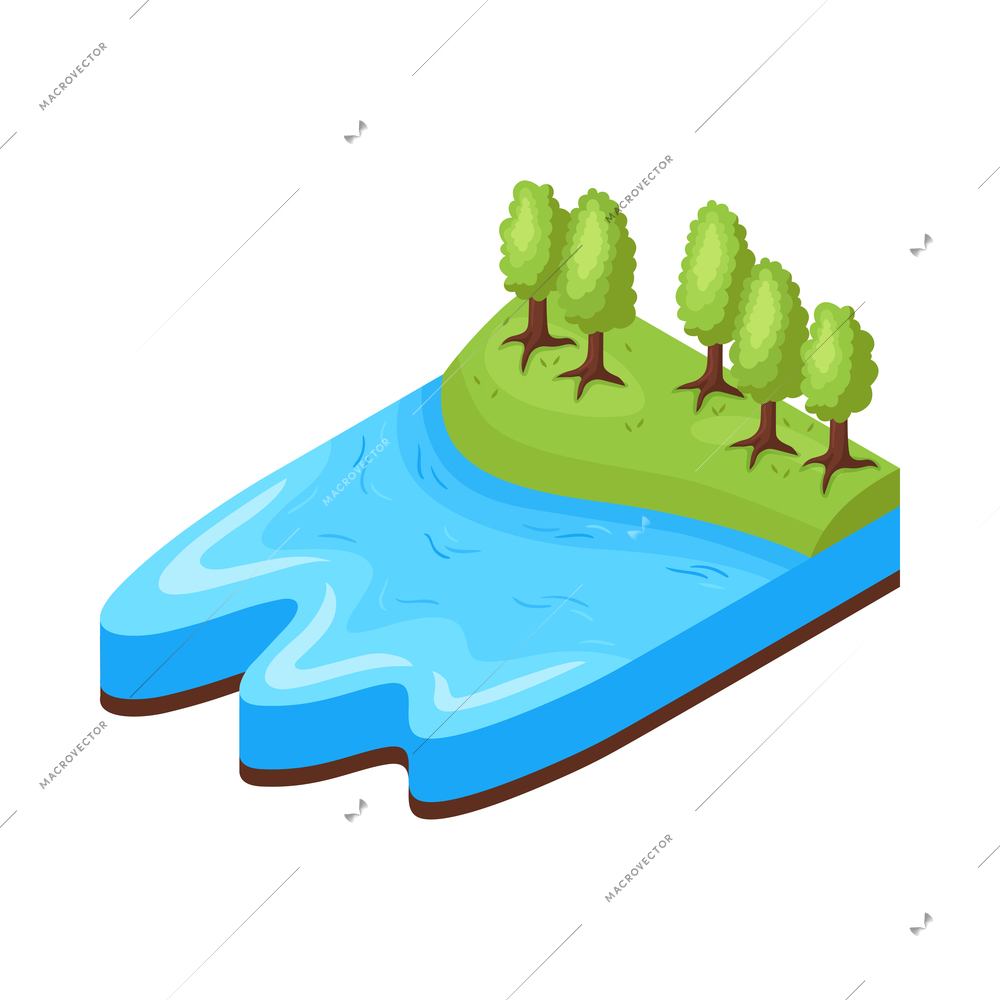 Isometric natural environmental land resources composition with forest on river bank vector illustration