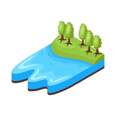 Isometric natural environmental land resources composition with forest on river bank vector illustration