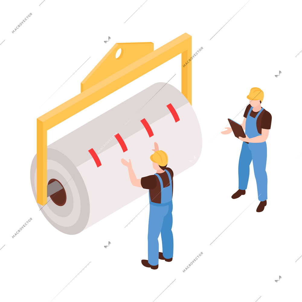 Isometric paper factory production composition with characters of two workers moving huge roll vector illustration