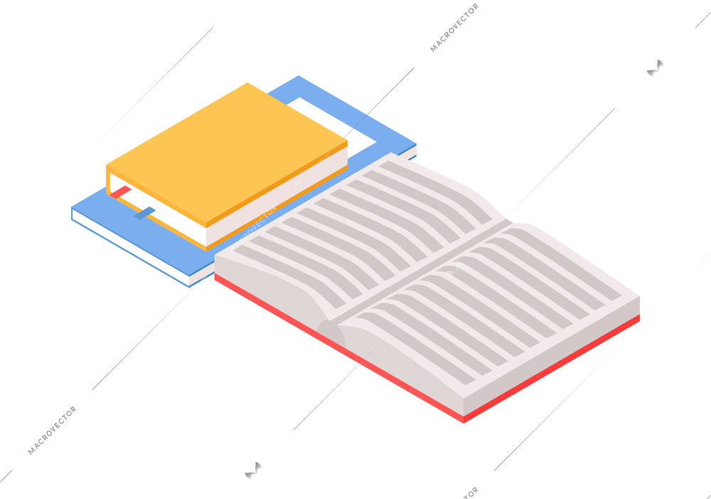 Isometric paper factory production composition with isolated images of various books and copybooks vector illustration