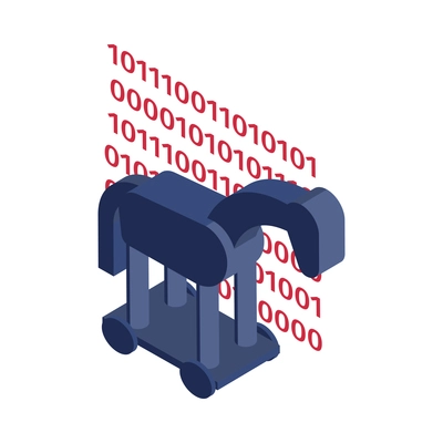 Isometric hacker safety system composition with toy horse on wheels and code digits vector illustration