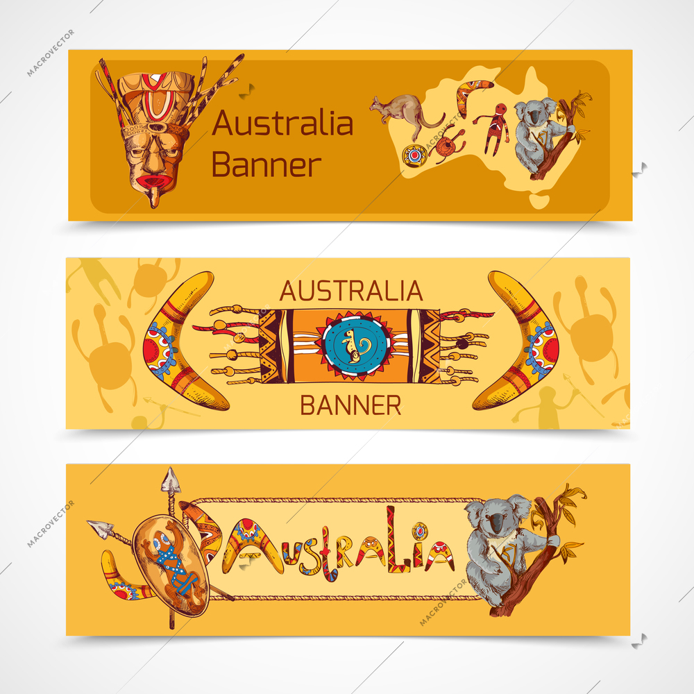 Australia native aboriginal tribal ethnic colored sketch horizontal banner set isolated vector illustration