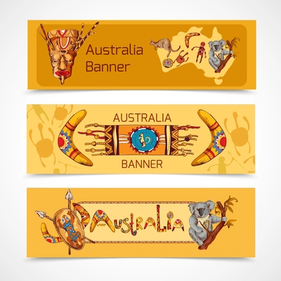 Australia native aboriginal tribal ethnic colored sketch horizontal banner set isolated vector illustration