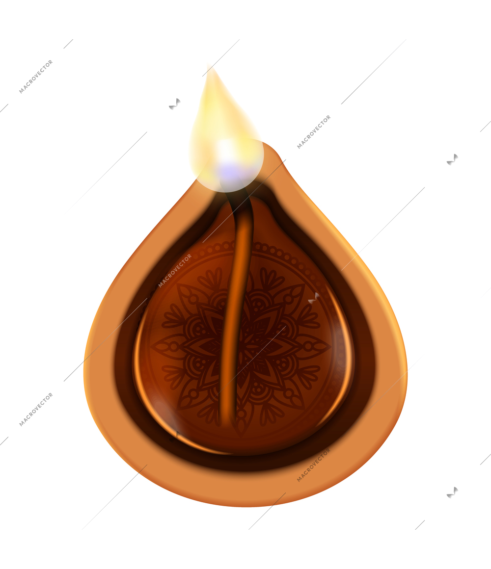 Diwali realistic composition with isolated image of traditional oil candle with flame vector illustration