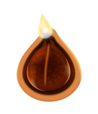 Diwali realistic composition with isolated image of traditional oil candle with flame vector illustration