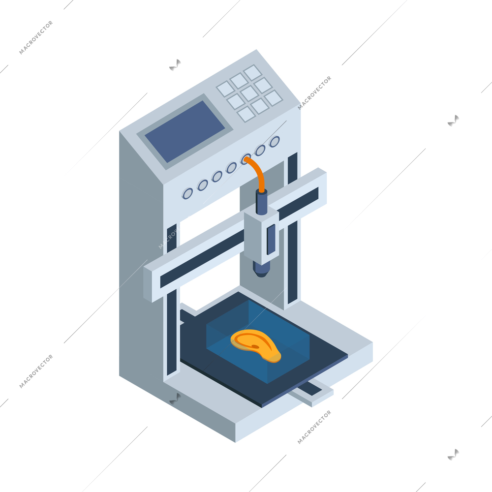 Isometric 3d printing composition with isolated image of printer printing human ear vector illustration