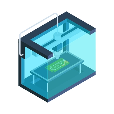 Isometric 3d printing composition with isolated image of printer in box frame printing circuit board vector illustration