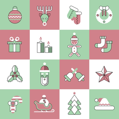 Christmas new year flat line icons set with ball deer gloves wreath isolated vector illustration