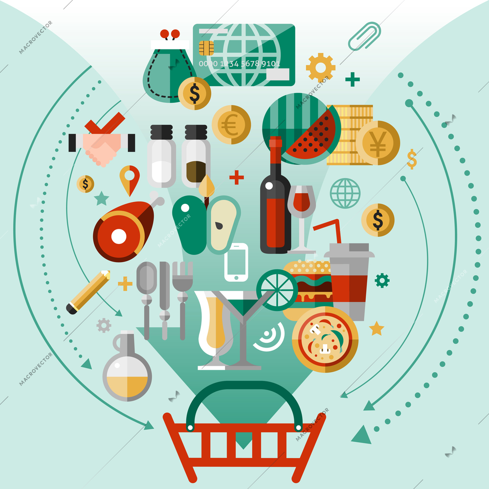 Food concept with kitchen and cooking decorative icons and shopping basket vector illustration