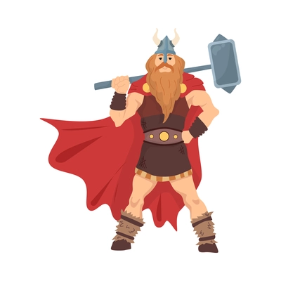 Scandinavian vikings culture composition with isolated character of viking hero with hammer vector illustration