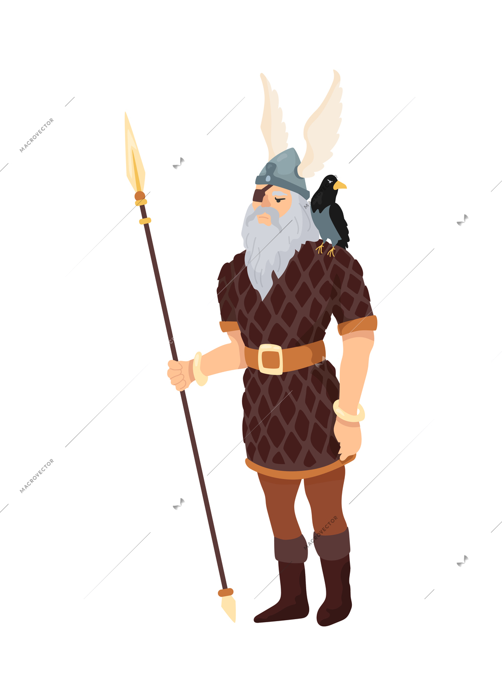 Scandinavian vikings culture composition with isolated male viking with spear winged helmet and bird on shoulder vector illustration