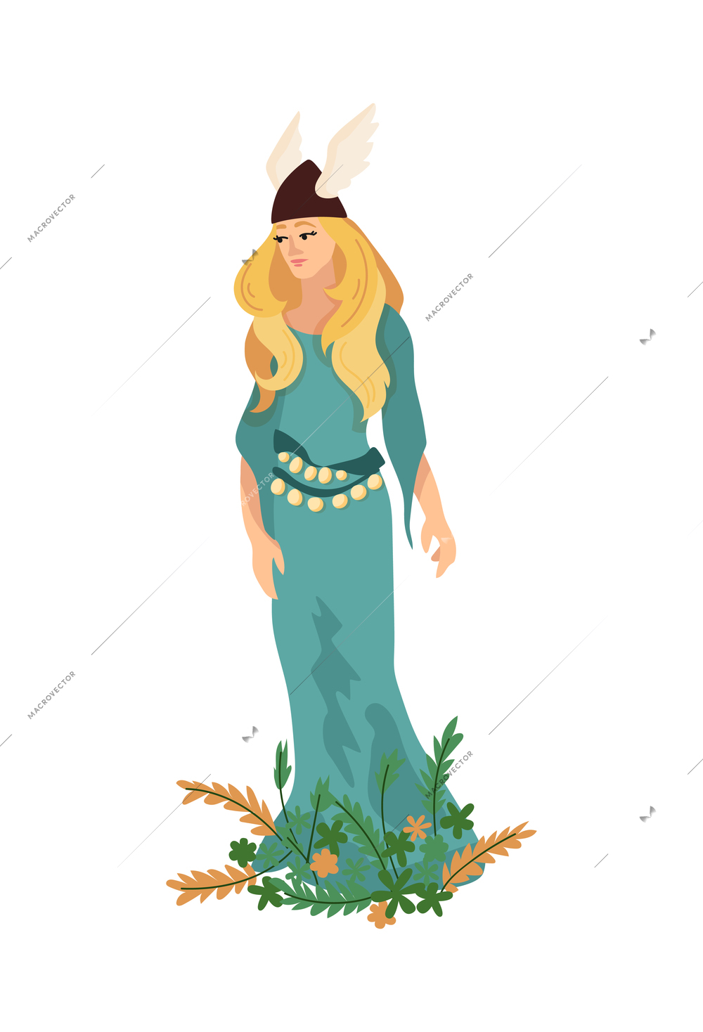 Scandinavian vikings culture composition with isolated character of woman wearing dress and winged hat vector illustration