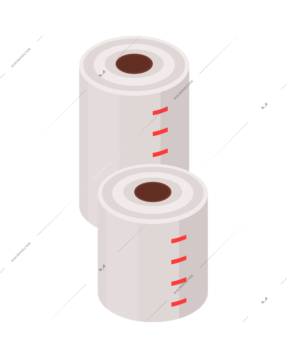 Isometric paper factory production composition with isolated image of two huge paper rolls vector illustration