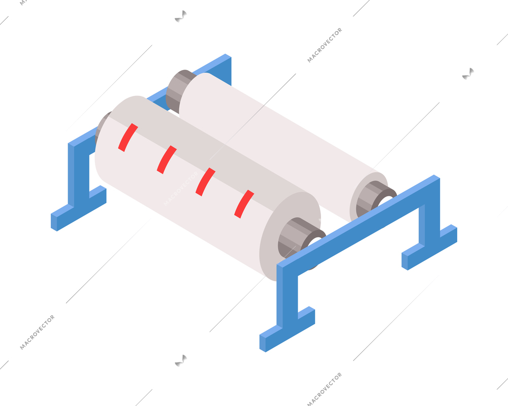 Isometric paper factory production composition with isolated image of paper roller machine vector illustration