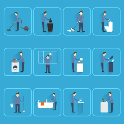 Cleaning people icons set with dust sweeping ironing dishes washing isolated vector illustration