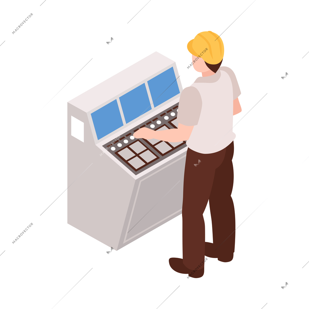 Isometric paper factory production composition with character of worker at control stand vector illustration