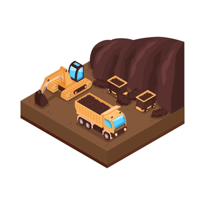 Isometric natural environmental land resources composition with view of open pit with truck and excavator vector illustration